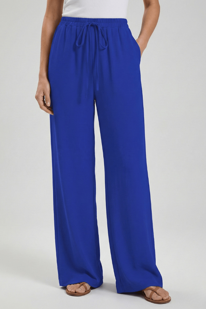 Women’s Flowing Palazzo Trousers with Drawstring Waist and Pockets Blue
