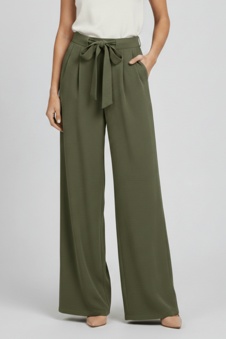 Women’s Wide-Leg Drawstring Waist Palazzo Trousers – Relaxed Summer Style Olive Green