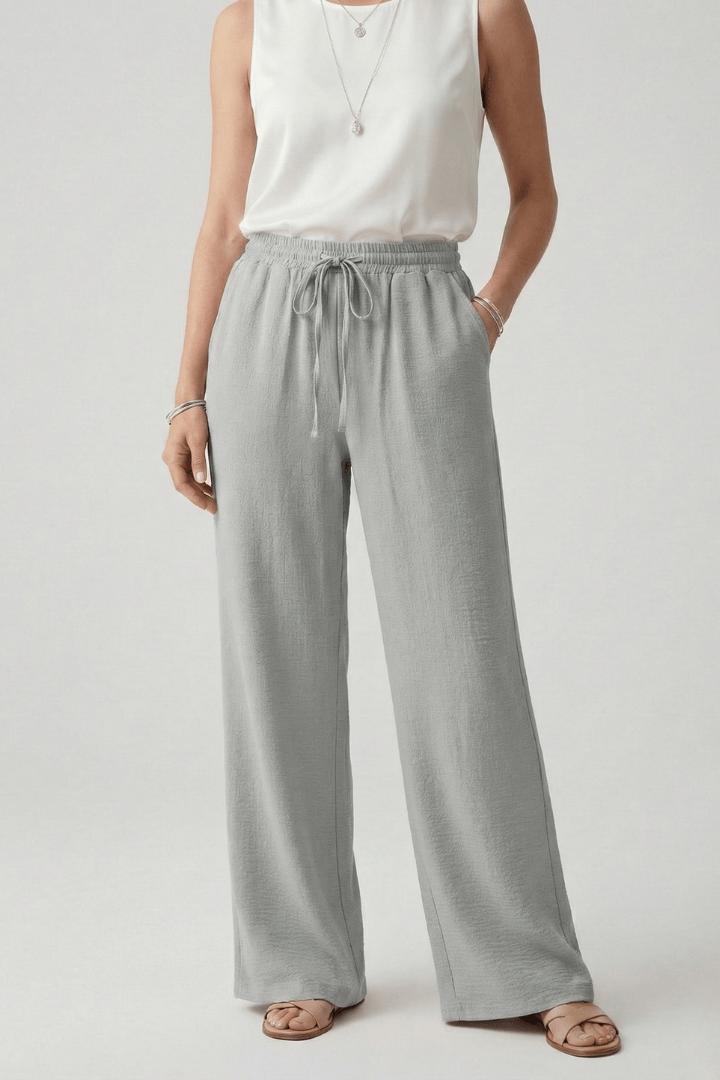 Women’s Relaxed Casual Palazzo Trousers with Drawstring Waist Grey