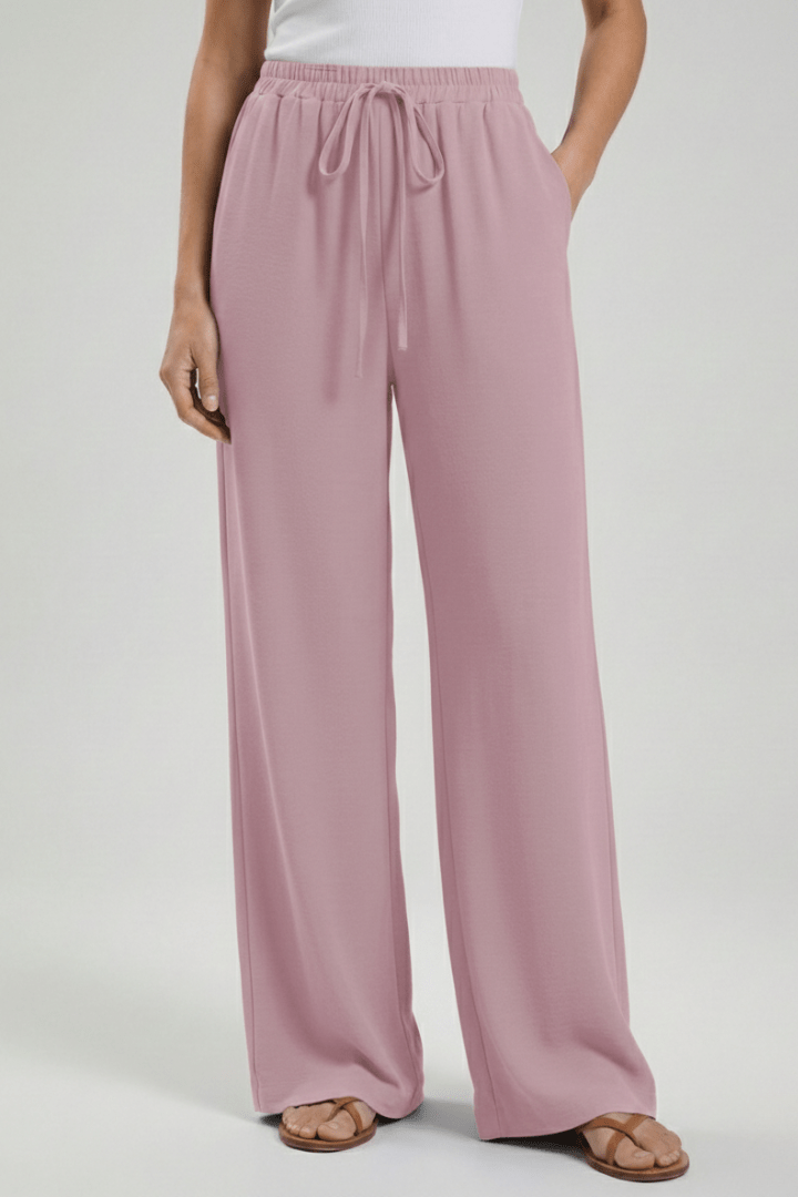 Women’s Flowing Palazzo Trousers with Drawstring Waist and Pockets Pink