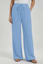 Women’s Flowing Palazzo Trousers with Drawstring Waist and Pockets Light Blue