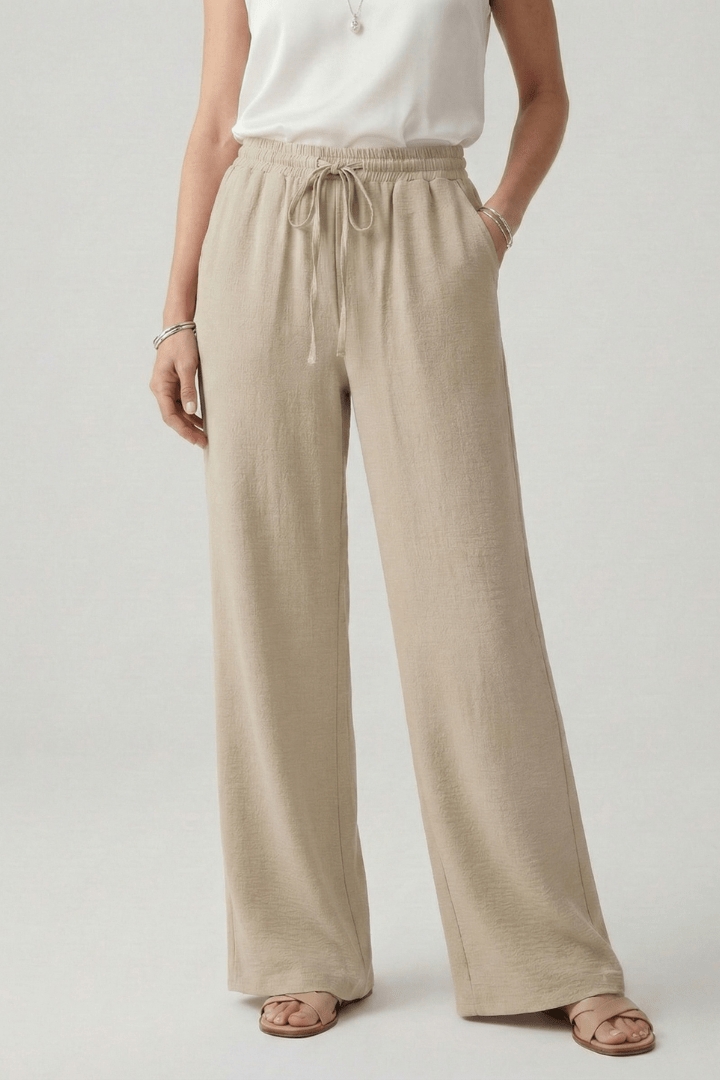 Women’s Relaxed Casual Palazzo Trousers with Drawstring Waist Khaki