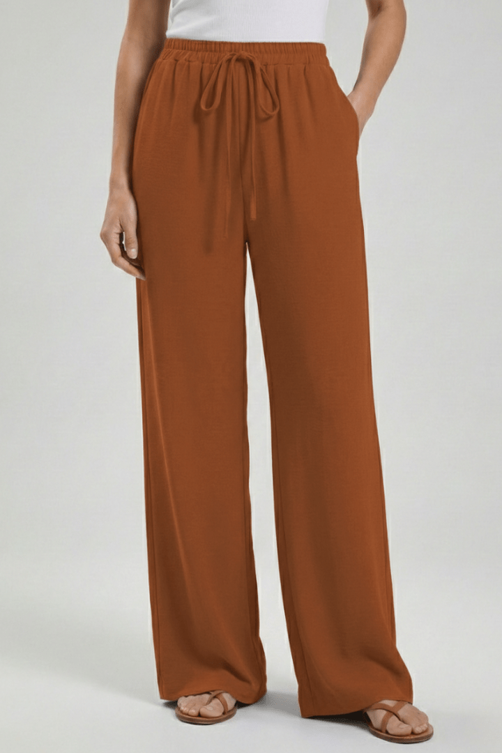 Women’s Flowing Palazzo Trousers with Drawstring Waist and Pockets Orange