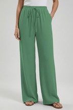 Women’s Flowing Palazzo Trousers with Drawstring Waist and Pockets Dark Green