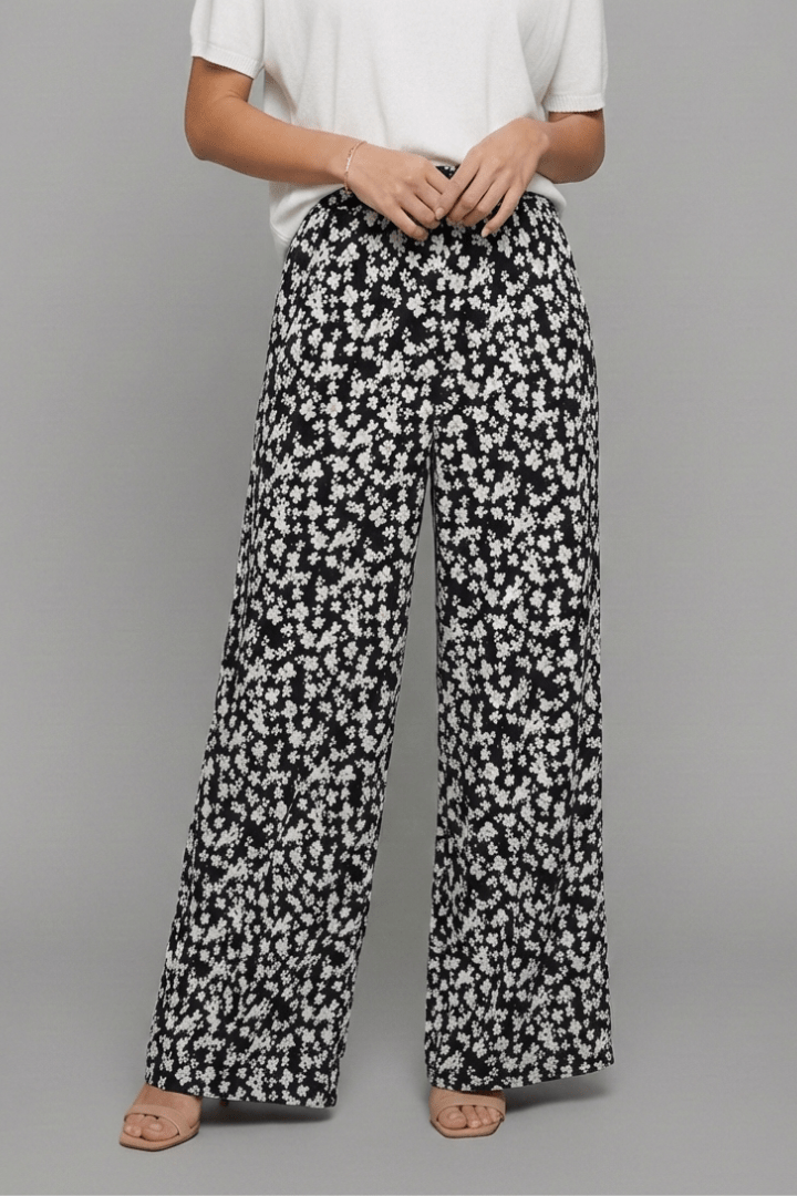Women’s Casual Floral Palazzo Trousers – Relaxed Summer Style Black
