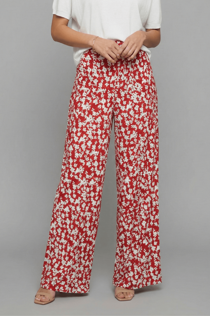 Women’s Casual Floral Palazzo Trousers – Relaxed Summer Style Red