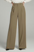 Women’s Elegant Palazzo Trousers with Front Pleats and Pockets Khaki