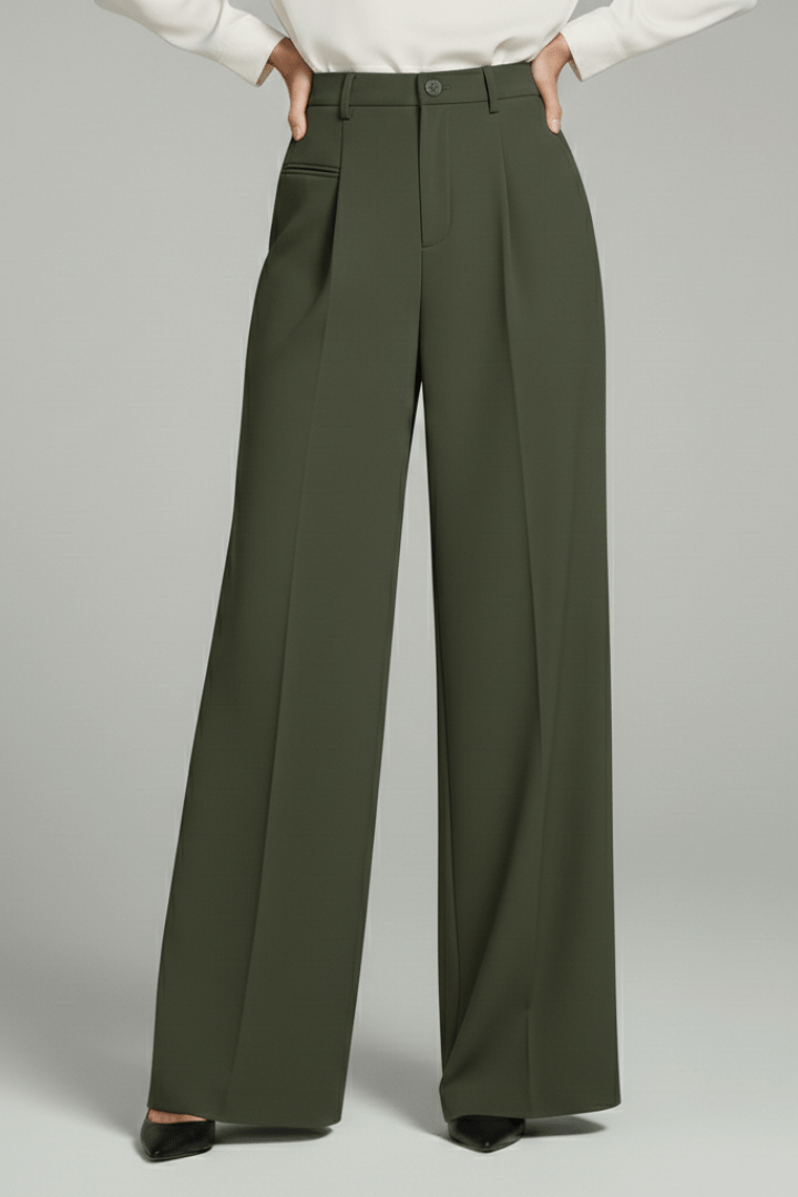 Women’s Elegant Palazzo Trousers with Front Pleats and Pockets Dark Green
