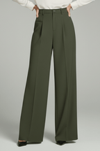 Women’s Elegant Palazzo Trousers with Front Pleats and Pockets Dark Green