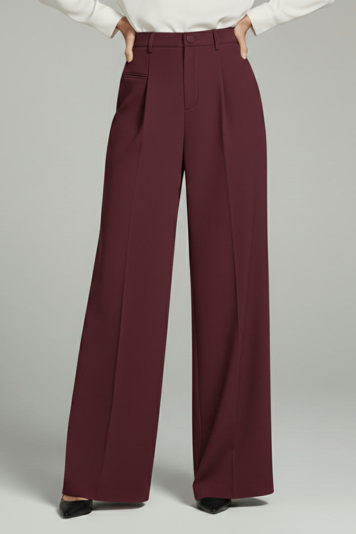 Women’s Elegant Palazzo Trousers with Front Pleats and Pockets Burgundy