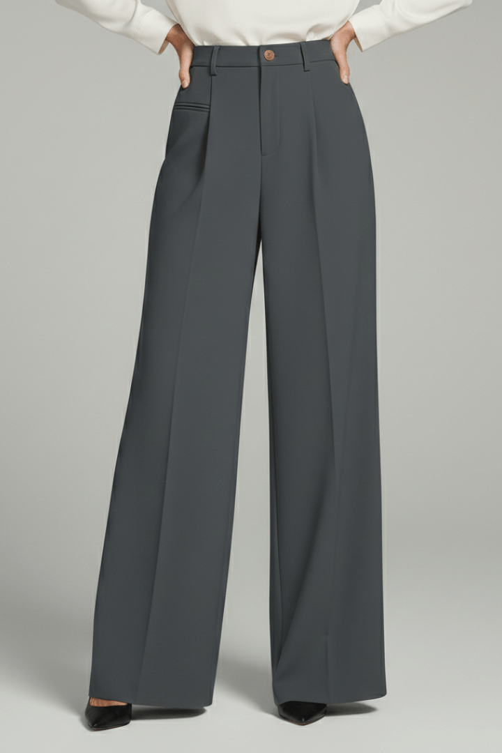 Women’s Elegant Palazzo Trousers with Front Pleats and Pockets Dark Grey
