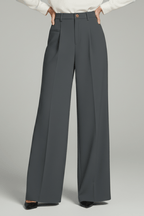 Women’s Elegant Palazzo Trousers with Front Pleats and Pockets Dark Grey