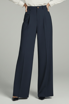 Women’s Elegant Palazzo Trousers with Front Pleats and Pockets Navy Blue