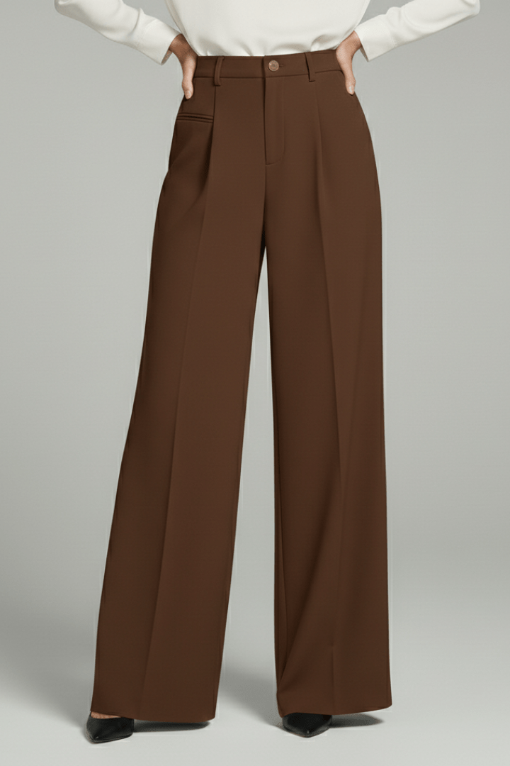 Women’s Elegant Palazzo Trousers with Front Pleats and Pockets Brown