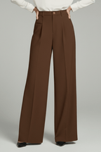 Women’s Elegant Palazzo Trousers with Front Pleats and Pockets Brown