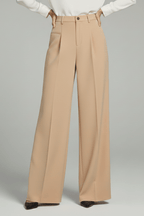 Women’s Elegant Palazzo Trousers with Front Pleats and Pockets Beige