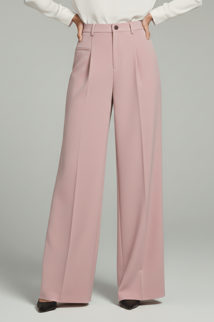 Women’s Elegant Palazzo Trousers with Front Pleats and Pockets Pink