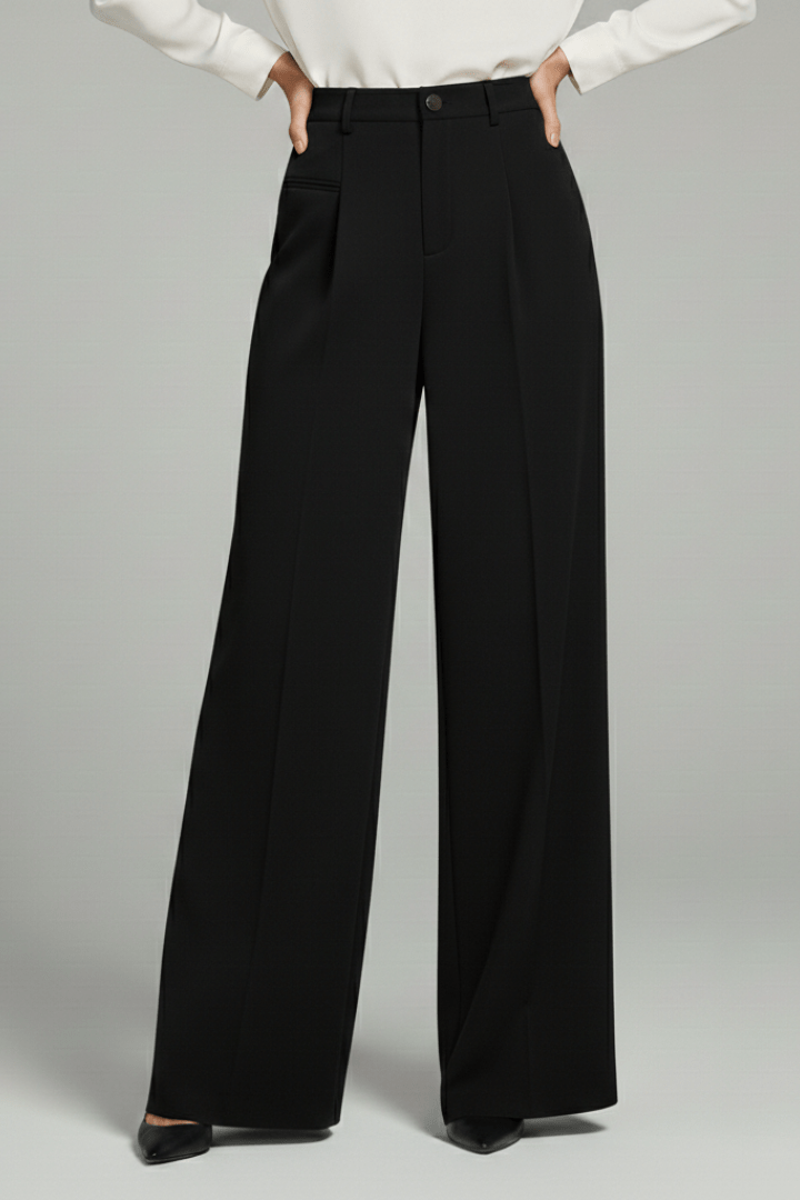 Women’s Elegant Palazzo Trousers with Front Pleats and Pockets Black