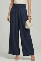 Women’s High Waist Palazzo Trousers with Pleats for Summer Style Dark Blue