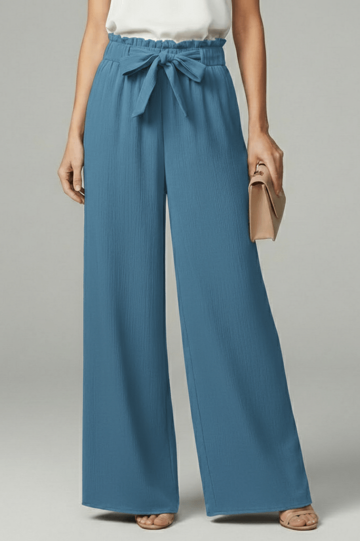 Women’s Relaxed Palazzo Trousers with Tie Belt and Wide Legs Blue