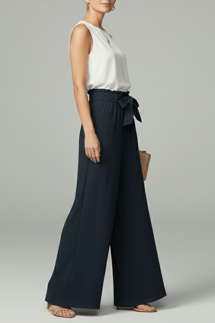 Women’s Relaxed Palazzo Trousers with Tie Belt and Wide Legs