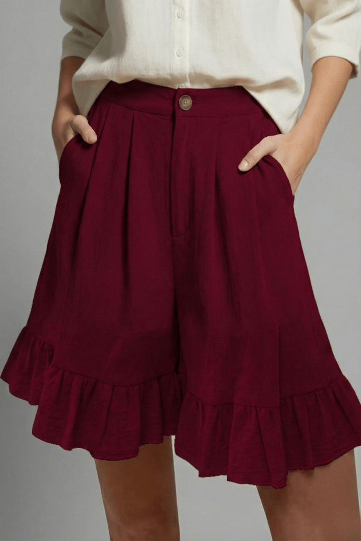 Women’s High Waist Ruffle Hem Casual Shorts for Summer Styling Burgundy