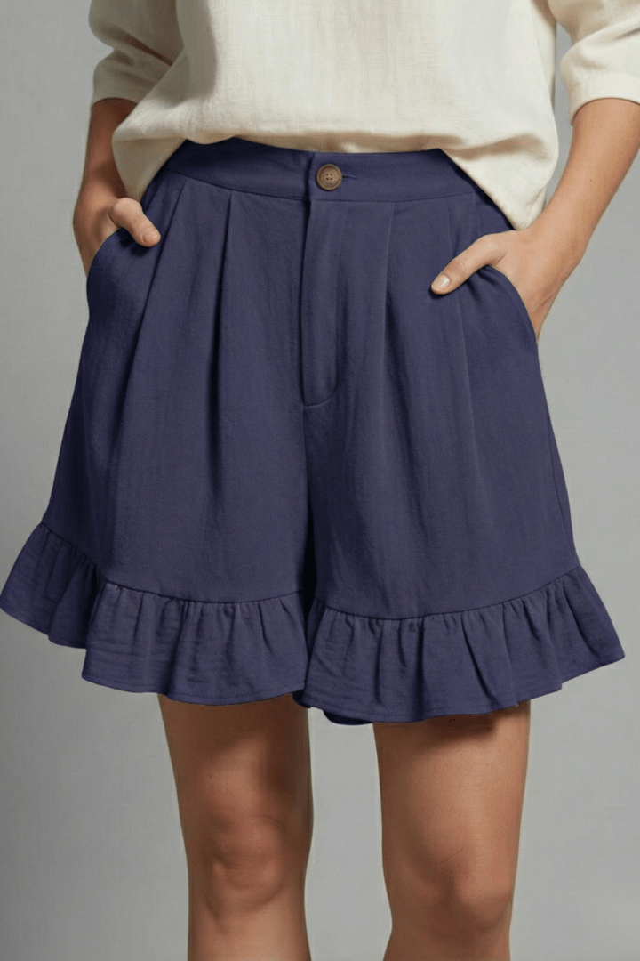 Women’s High Waist Ruffle Hem Casual Shorts for Summer Styling Navy Blue
