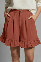 Women’s High Waist Ruffle Hem Casual Shorts for Summer Styling Brick Red