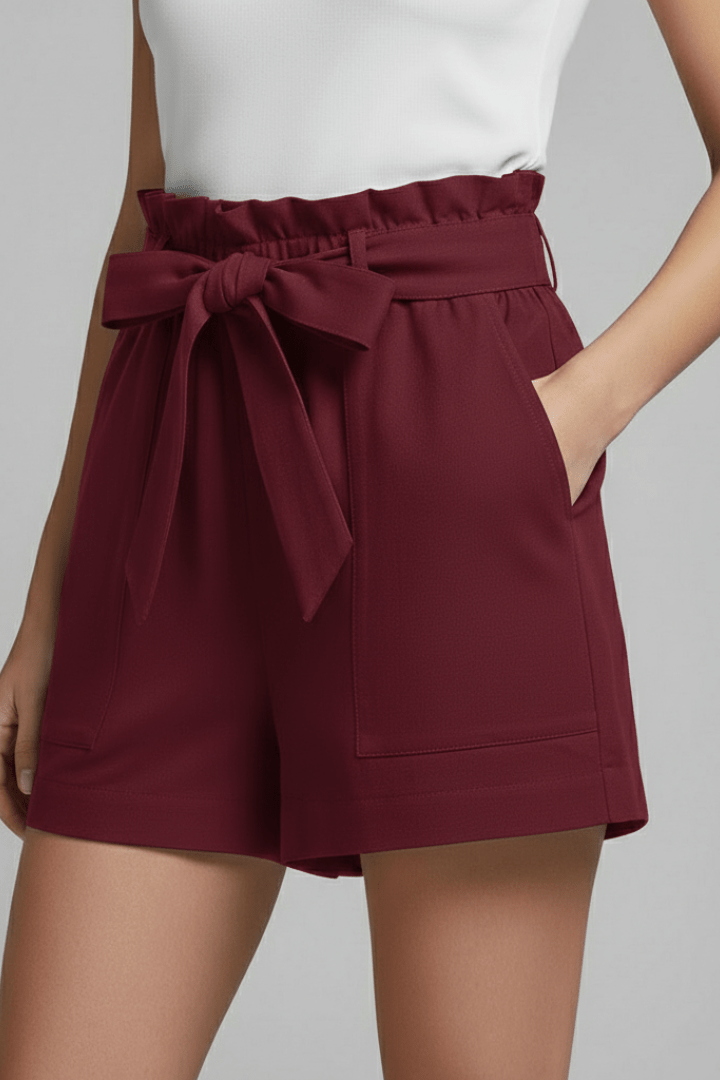Women’s Tailored Tie Waist Shorts with Pockets Burgundy