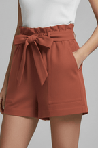 Women’s Tailored Tie Waist Shorts with Pockets Burnt Brown