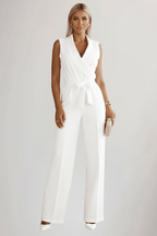 Women’s V-Neck Sleeveless Tie-Waist Jumpsuit – Relaxed Summer Style White