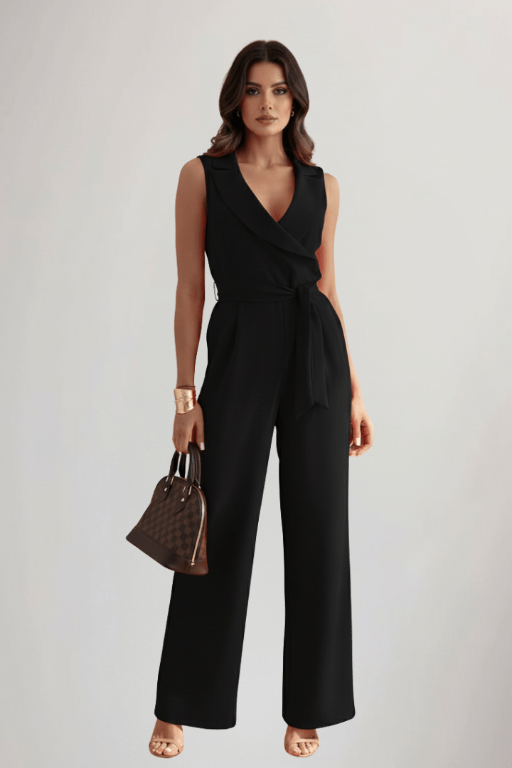 Women’s V-Neck Sleeveless Tie-Waist Jumpsuit – Relaxed Summer Style Black