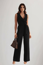 Women’s V-Neck Sleeveless Tie-Waist Jumpsuit – Relaxed Summer Style Black