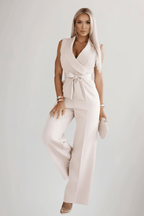 Women’s V-Neck Sleeveless Tie-Waist Jumpsuit – Relaxed Summer Style Khaki