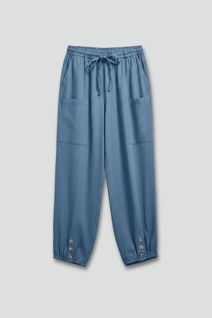 Women’s Relaxed Trousers with Drawstring Waist and Button Hem