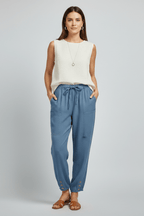 Women’s Relaxed Trousers with Drawstring Waist and Button Hem Blue