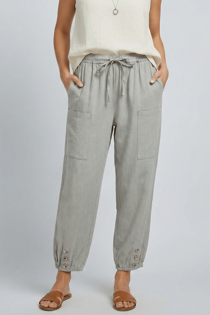 Women’s Relaxed Trousers with Drawstring Waist and Button Hem Light Grey