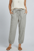 Women’s Relaxed Trousers with Drawstring Waist and Button Hem Light Grey