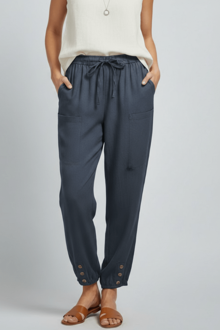 Women’s Relaxed Trousers with Drawstring Waist and Button Hem Navy Blue