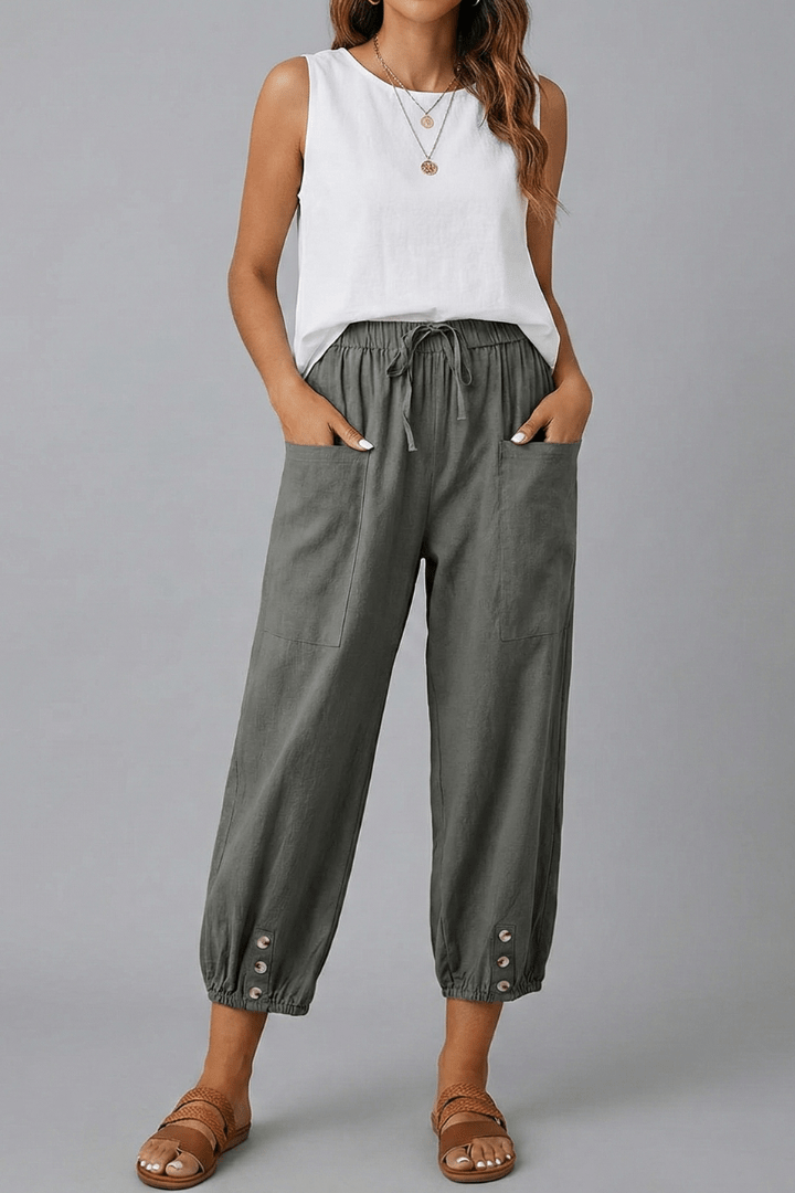 Women’s Relaxed Trousers with Drawstring Waist and Button Hem Dark Grey