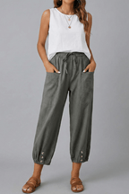 Women’s Relaxed Trousers with Drawstring Waist and Button Hem Dark Grey