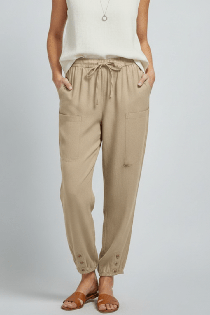 Women’s Relaxed Trousers with Drawstring Waist and Button Hem Khaki