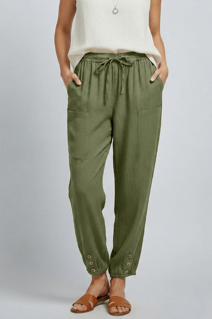Women’s Relaxed Trousers with Drawstring Waist and Button Hem Army Green