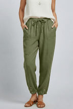 Women’s Relaxed Trousers with Drawstring Waist and Button Hem Army Green