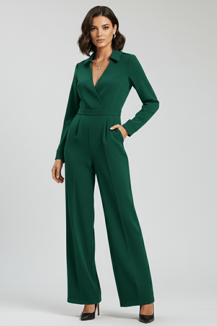 Women’s Tailored Wide-Leg Jumpsuit with Collared Neckline Green