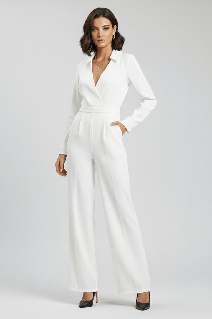 Women’s Tailored Wide-Leg Jumpsuit with Collared Neckline White