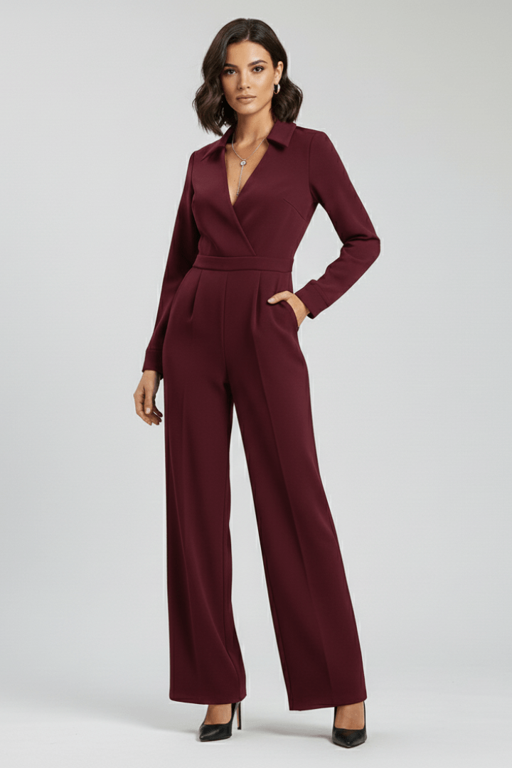 Women’s Tailored Wide-Leg Jumpsuit with Collared Neckline Burgundy