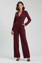 Women’s Tailored Wide-Leg Jumpsuit with Collared Neckline Burgundy