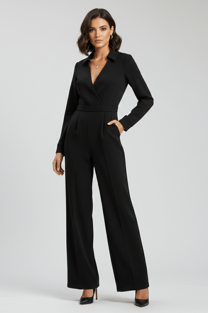 Women’s Tailored Wide-Leg Jumpsuit with Collared Neckline Black