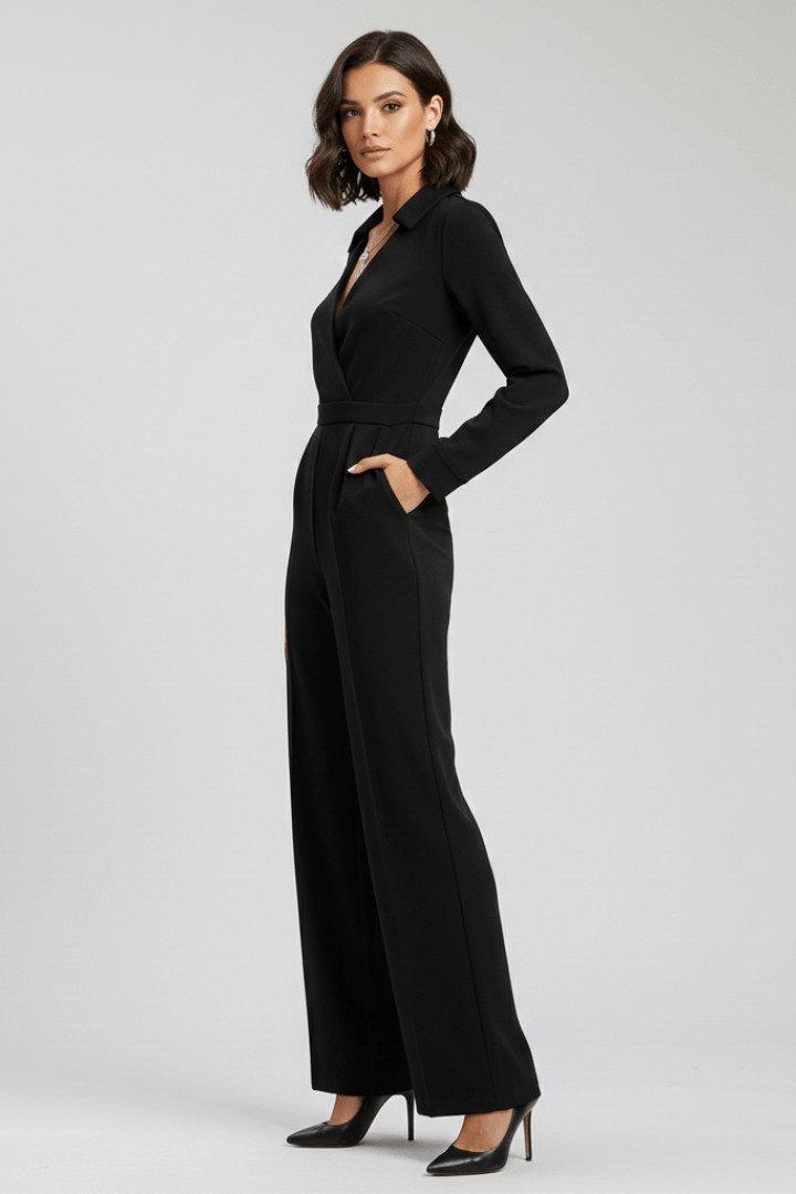 Women’s Tailored Wide-Leg Jumpsuit with Collared Neckline